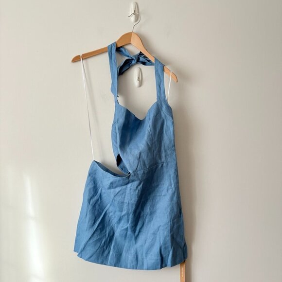 Reformation Valli Linen Halter Cut Out Mini Dress NWT Parisian Blue Size 8 - Picture 5 of 9